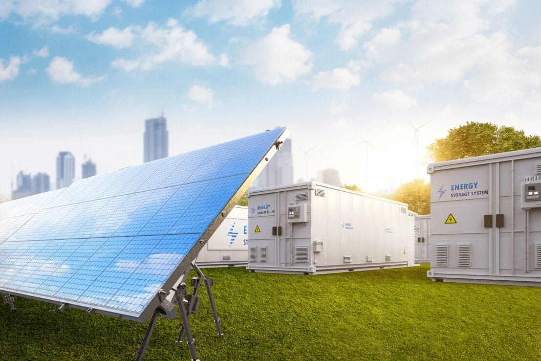 Solar panels next to emergy storage systems