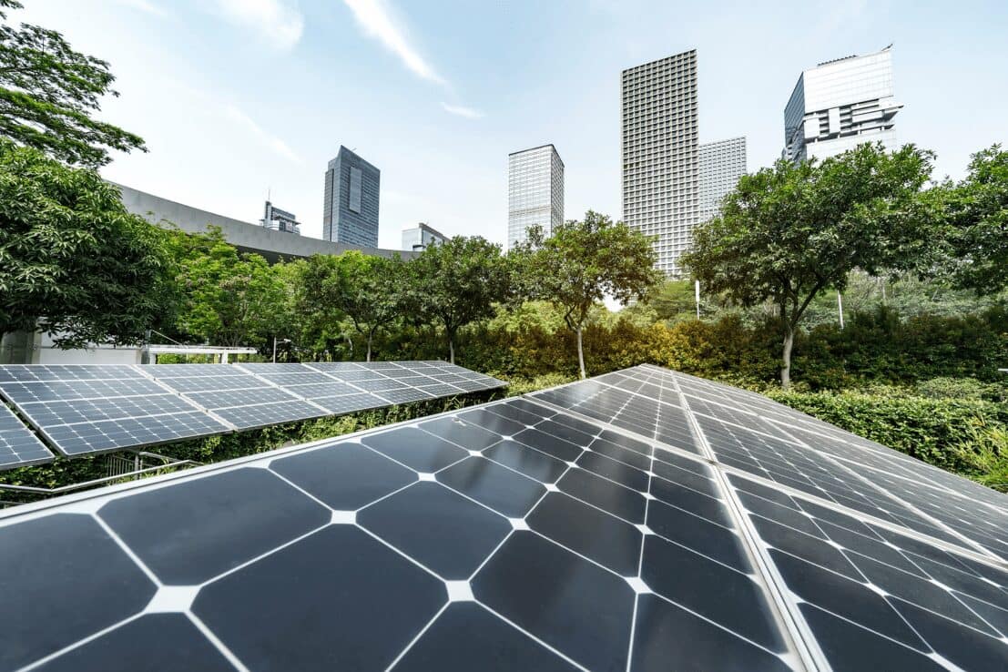 Solar panels in a field near high rise buildings