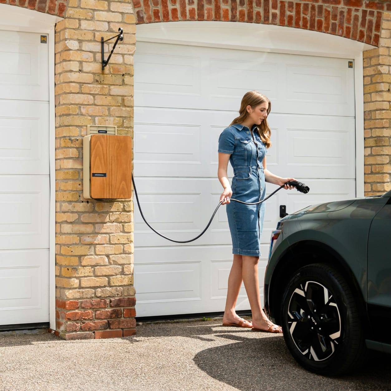 Homeowner charging their electric vehicle at home with an EV charger