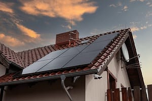 Solar panels on a house at dusk