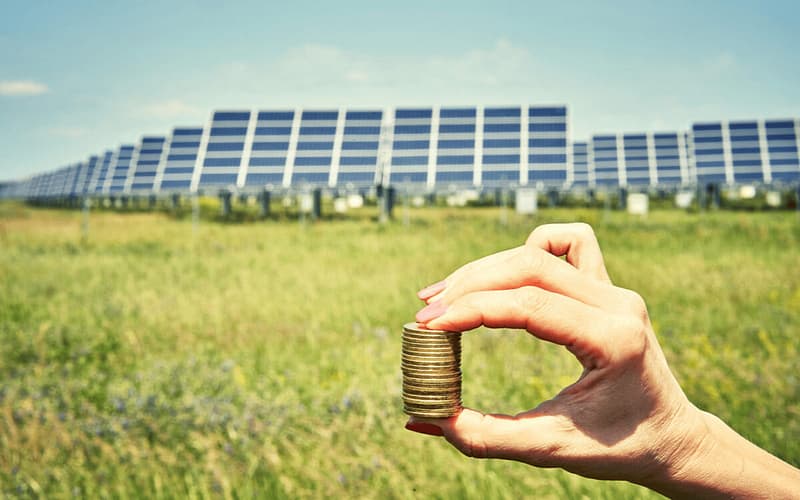 Holding coins up to a field of solar panels